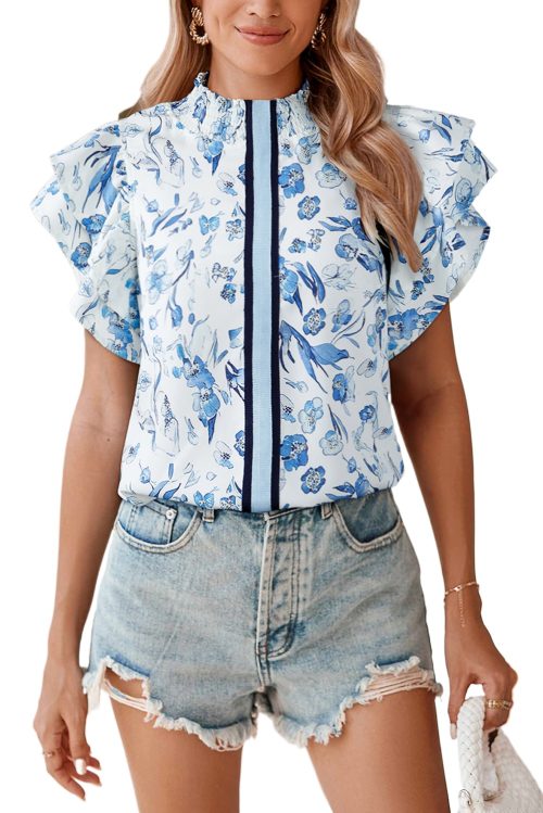 Women's Sky Blue Floral Print Ruffled Short Sleeve Blouse – Stylish Summer Top