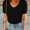 Women's Black V Neck Ribbed Knit Short Sleeve Sweater - Lightweight & Comfortable - Image 3