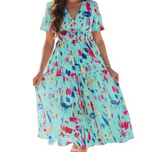 Women's Sky Blue Abstract Print Short Puff Sleeve Tiered Maxi Dress