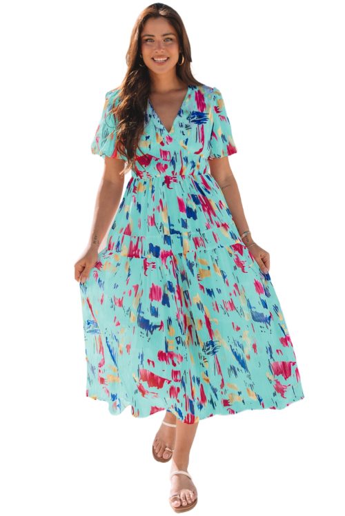 Women's Sky Blue Abstract Print Short Puff Sleeve Tiered Maxi Dress