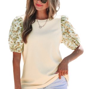 Women's Beige Contrast Floral Bubble Sleeve Patchwork Ribbed Top - Chic & Elegant