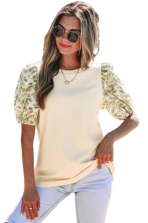 Women's Beige Contrast Floral Bubble Sleeve Patchwork Ribbed Top - Chic & Elegant