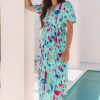 Women's Sky Blue Abstract Print Short Puff Sleeve Tiered Maxi Dress - Image 5