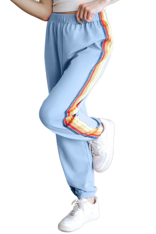 Women's Light Blue High Waist Sweatpants with Rainbow Stripes