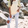 Women's Beige Contrast Floral Bubble Sleeve Patchwork Ribbed Top - Chic & Elegant - Image 6
