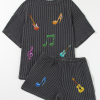 Women's Carbon Grey Twisted Rib Texture Guitar Music Note Patched 2-Piece Short Set - Image 2