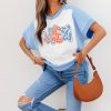 Women's Sky Blue USA Graphic Color Block Crewneck T-Shirt with Star and Plaid Design - Image 6