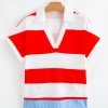 Women's Red Stripe Color Block V Neck Dolman Short Sleeve Top - Image 3
