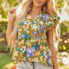 Women's Yellow Floral Print V Neck Top with Tiered Flutter Sleeves - Image 6