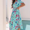 Women's Sky Blue Abstract Print Short Puff Sleeve Tiered Maxi Dress - Image 3