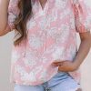 Chic Pink Floral Print Drawstring V Neck Puff Sleeve Blouse for Women - Image 7