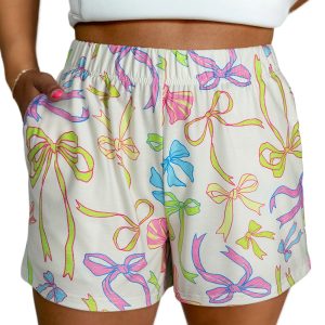 Women's White Bow Print Pull-On Casual Shorts with Elastic Waist