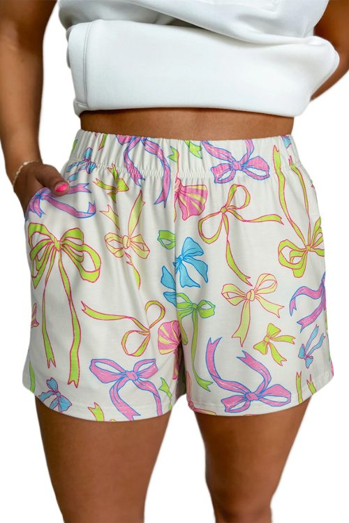 Women's White Bow Print Pull-On Casual Shorts with Elastic Waist