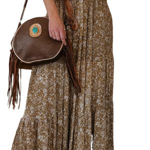 Women's Brown Western Floral Print Ruffled Hem High Waist Maxi Skirt