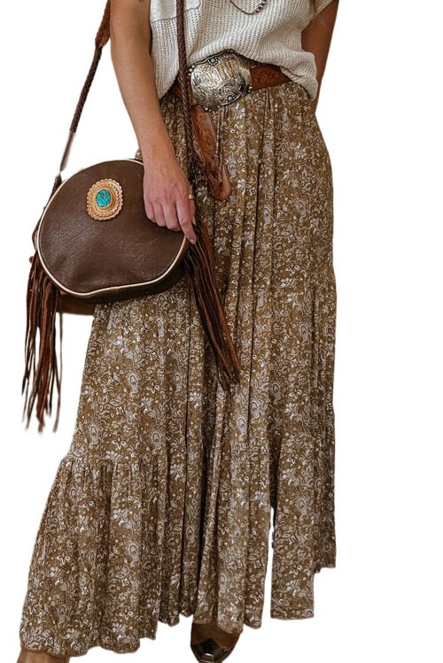 Women's Brown Western Floral Print Ruffled Hem High Waist Maxi Skirt