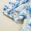 Women's Sky Blue Floral Tiered Puff Short Sleeve Pleated Bust Buttoned Casual Shirt - Image 13