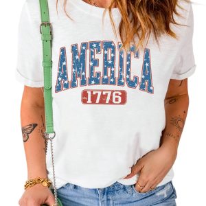Women's White Independence Day Graphic Tee - AMERICA 1776 Star Print