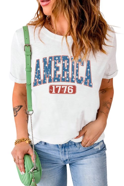 Women's White Independence Day Graphic Tee - AMERICA 1776 Star Print