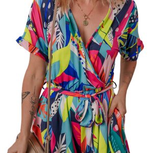 Women's Multicolour Tropical Printed Surplice Neck Tie Waist Romper for Summer Vacation