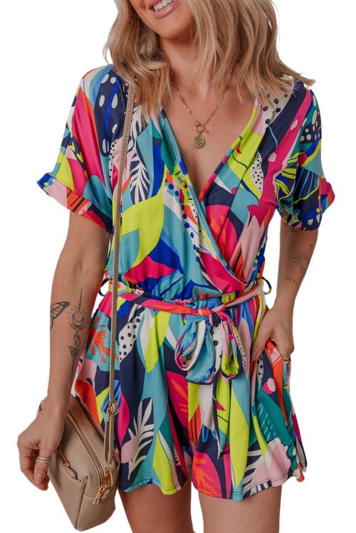 Women's Multicolour Tropical Printed Surplice Neck Tie Waist Romper for Summer Vacation