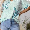 Women's Green Mixed Leopard Print V Neck Short Sleeve Blouse - Casual Summer Top - Image 8