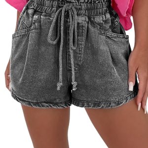 Women's High-Rise Drawstring High Waist Casual Denim Shorts with Pockets