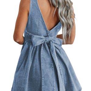 Women's Myosotis Denim A-Line Sleeveless Dress with Square Neck and Bowknot Detail