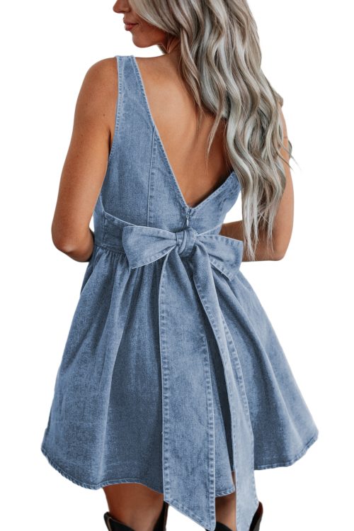 Women's Myosotis Denim A-Line Sleeveless Dress with Square Neck and Bowknot Detail