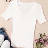 Women's Lightweight White V Neck Ribbed Knit Short Sleeve Sweater - Image 12