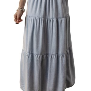 Women's Beau Blue Tiered Smocked High Waist Denim Maxi Skirt - Flattering and Elegant Casual Wear