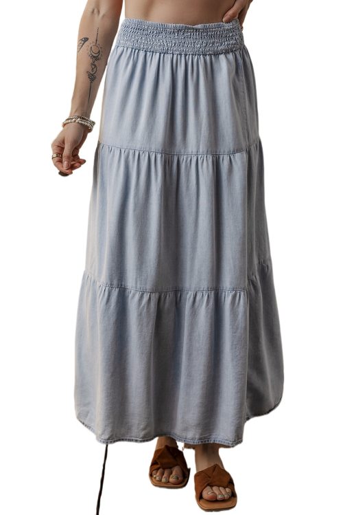 Women's Beau Blue Tiered Smocked High Waist Denim Maxi Skirt - Flattering and Elegant Casual Wear