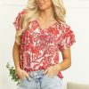 Women's Red Vintage Floral Ruffle Sleeve V Neck Blouse - Lightweight Chiffon Summer Top - Image 4