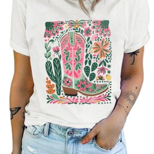 Women's White Western Boot Flower Print Crew Neck Loose Tee