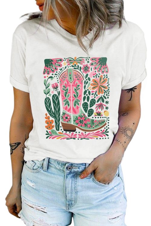 Women's White Western Boot Flower Print Crew Neck Loose Tee