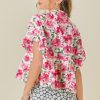 Women's Pink Floral Boxy Fit Ruffled Short Sleeve V Neck Blouse - Image 3