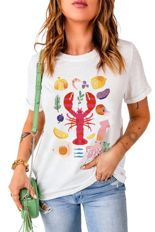 Women's White Crawfish Food Ingredient Graphic Crewneck Tee - Fun Seafood Festival Shirt