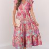 Women's Rose Tribal Paisley Print Ruffled Sleeve Notch Neck Midi Dress - Bohemian Style - Image 11
