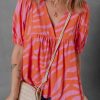 Women's Orange Zebra Stripe Print Ruched Cuff Half Sleeve V Neck Blouse - Image 8