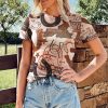 Women's Brown Western Horseshoe Printed Mesh T-Shirt - Stylish and Unique Design - Image 3