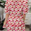 Elegant Red Floral Puff Sleeve Mini Dress with Pocket and Ric Rac Detail - Image 2