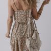 Women's Khaki Boho Floral Printed Tie Waist Flared Sundress - Charming Summer Mini Dress - Image 2