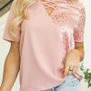 Women's Apricot Pink Leopard Jacquard Patchwork Crisscross V Neck Short Sleeve Blouse - Image 9
