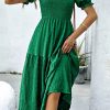 Women's Dark Green Textured Smocked Puff Short Sleeve High Waist Long Dress - Image 7