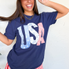 Women's Blue USA Graphic July 4th Crew Neck T-Shirt - Perfect for Independence Day - Image 2
