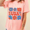 Women's Pink Shimmer USA Letter Printed Casual T-Shirt with Floral Design - Image 6