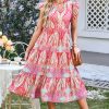 Women's Rose Tribal Paisley Print Ruffled Sleeve Notch Neck Midi Dress - Bohemian Style - Image 7