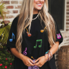 Women's Black Oversized Graphic Tee with Guitar Music Notes Patch - Image 2