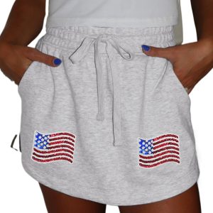 Women's Light Grey American Flag Patched Lace-Up High Waist Skort