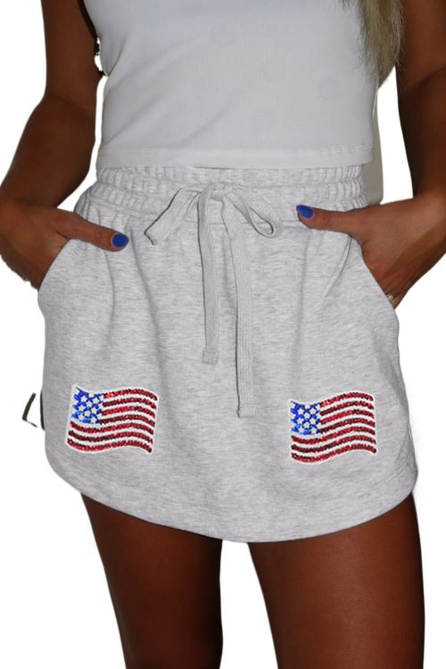 Women's Light Grey American Flag Patched Lace-Up High Waist Skort