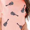 Chic Women's Pink Leopard Guitar Sequin Patch Crew Neck Tee - Image 5